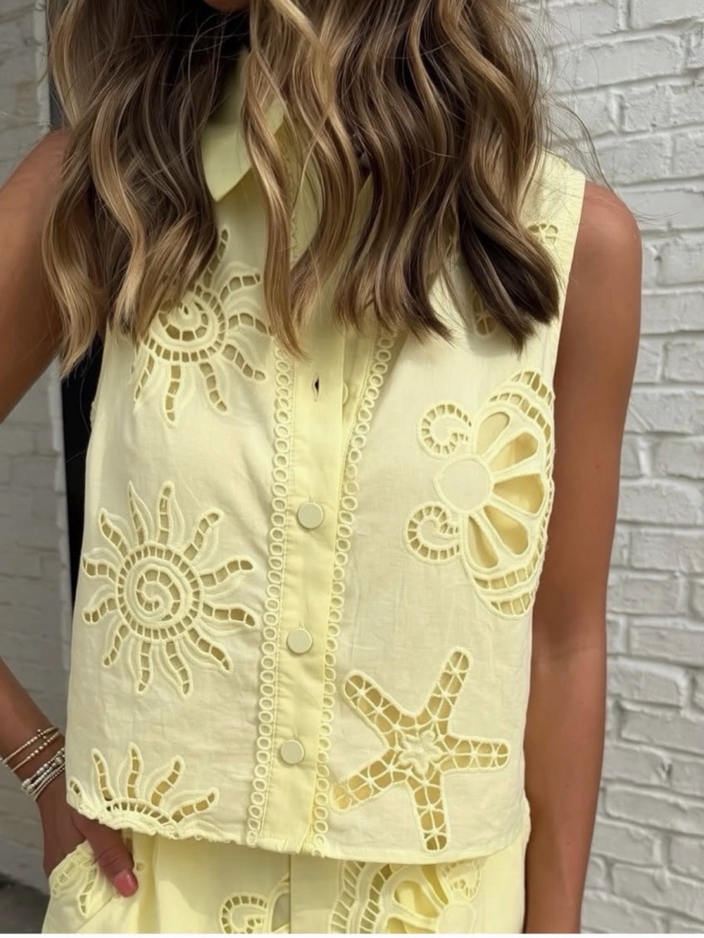 Entro Two Piece Eyelet Set Woman’s Yellow Sun Starfish Top and Shorts